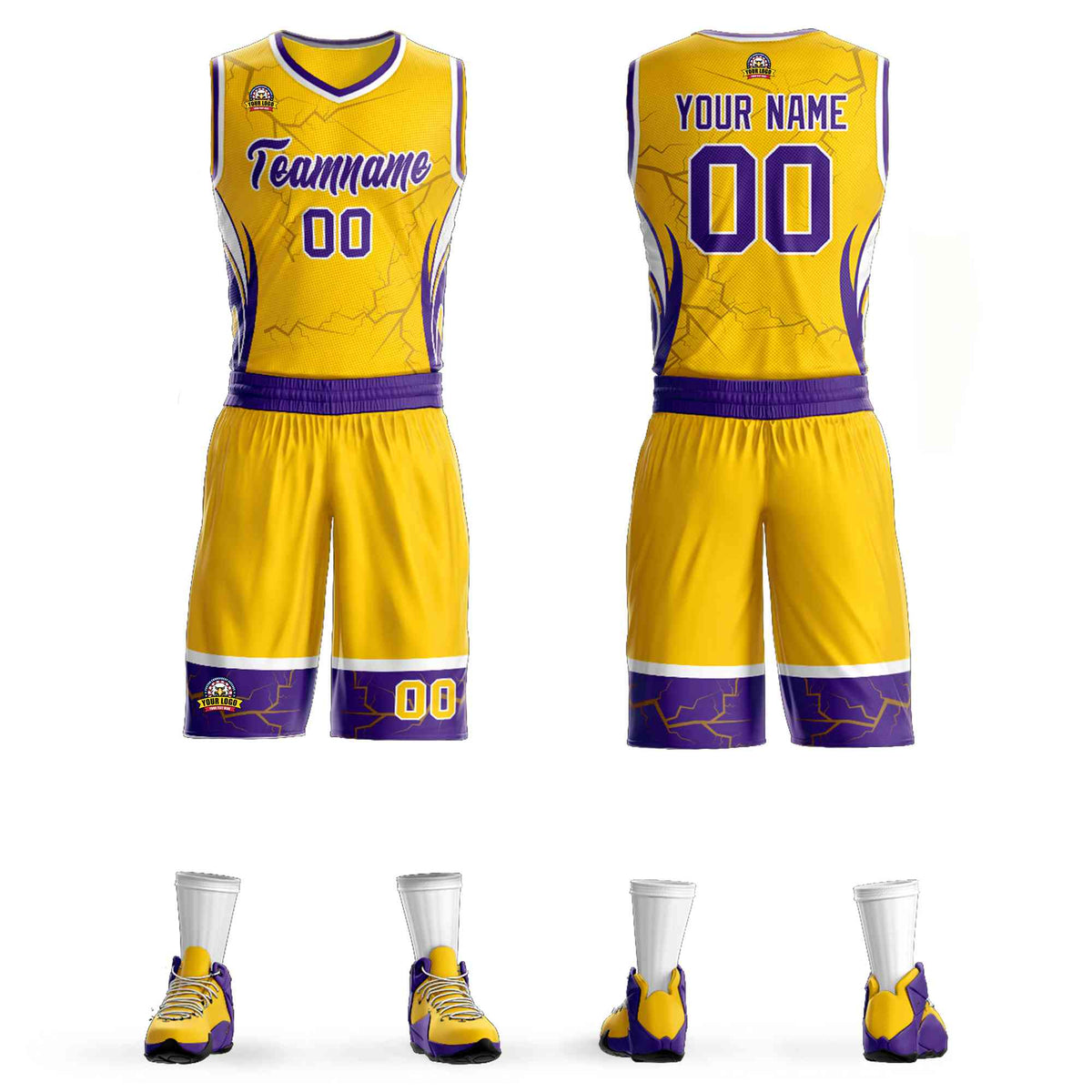 Custom Gold Purple-White Graffiti Pattern Kits Lightning Basketball Jersey