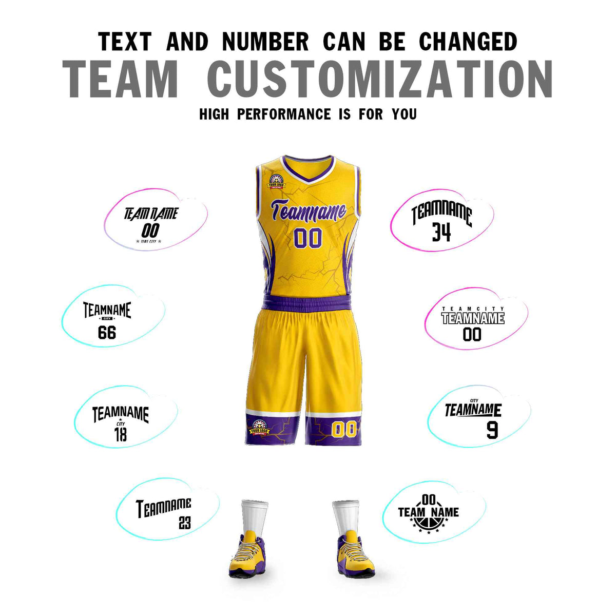 Custom Gold Purple-White Graffiti Pattern Kits Lightning Basketball Jersey