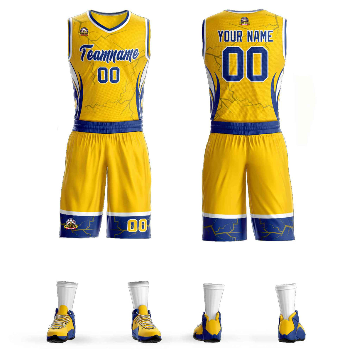 Custom Gold Royal-White Graffiti Pattern Kits Lightning Basketball Jersey