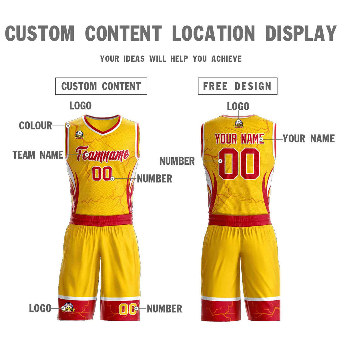 Custom Gold Red-White Graffiti Pattern Kits Lightning Basketball Jersey