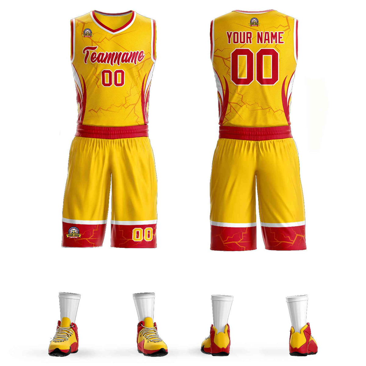 Custom Gold Red-White Graffiti Pattern Kits Lightning Basketball Jersey