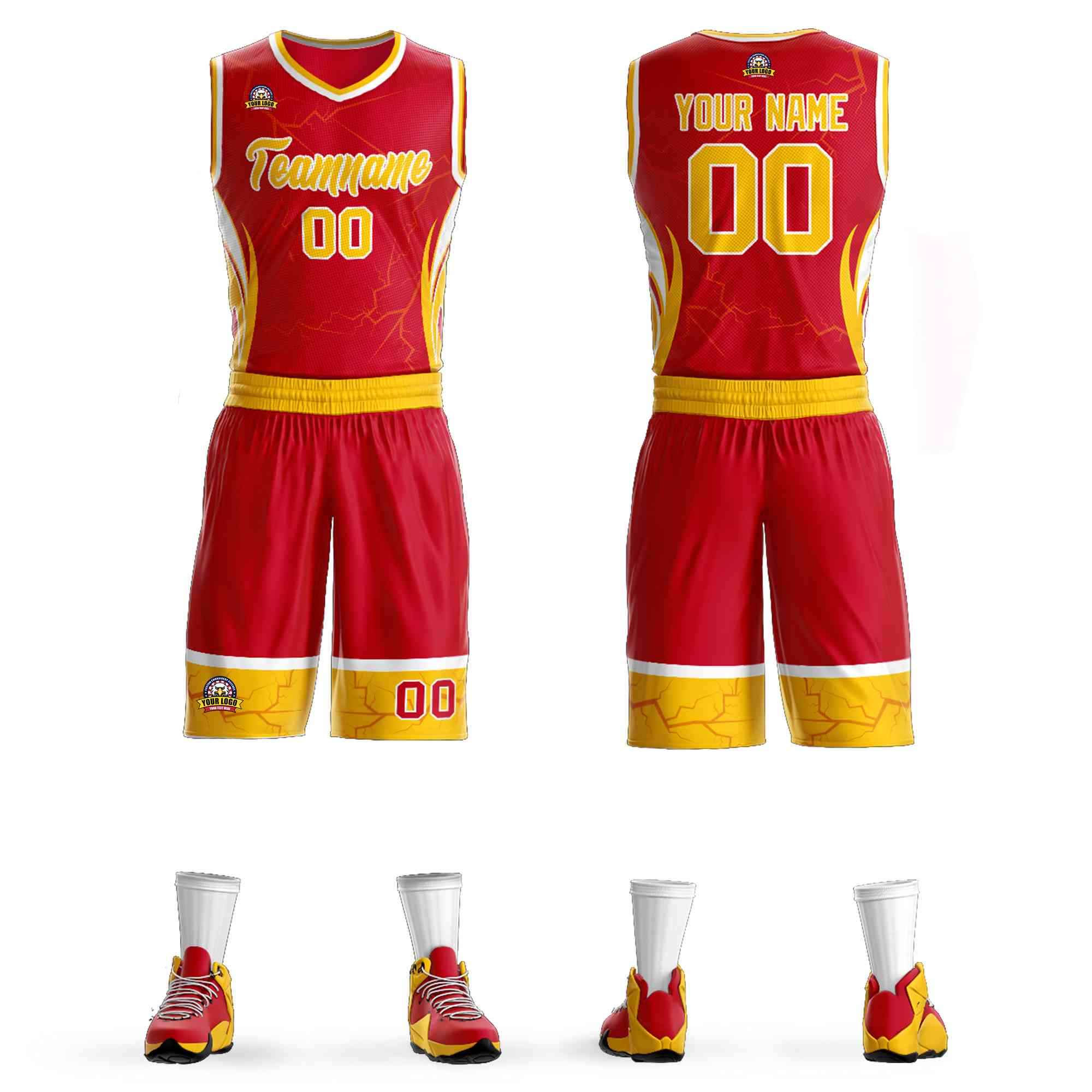 Custom Red Gold-White Graffiti Pattern Kits Lightning Basketball Jersey