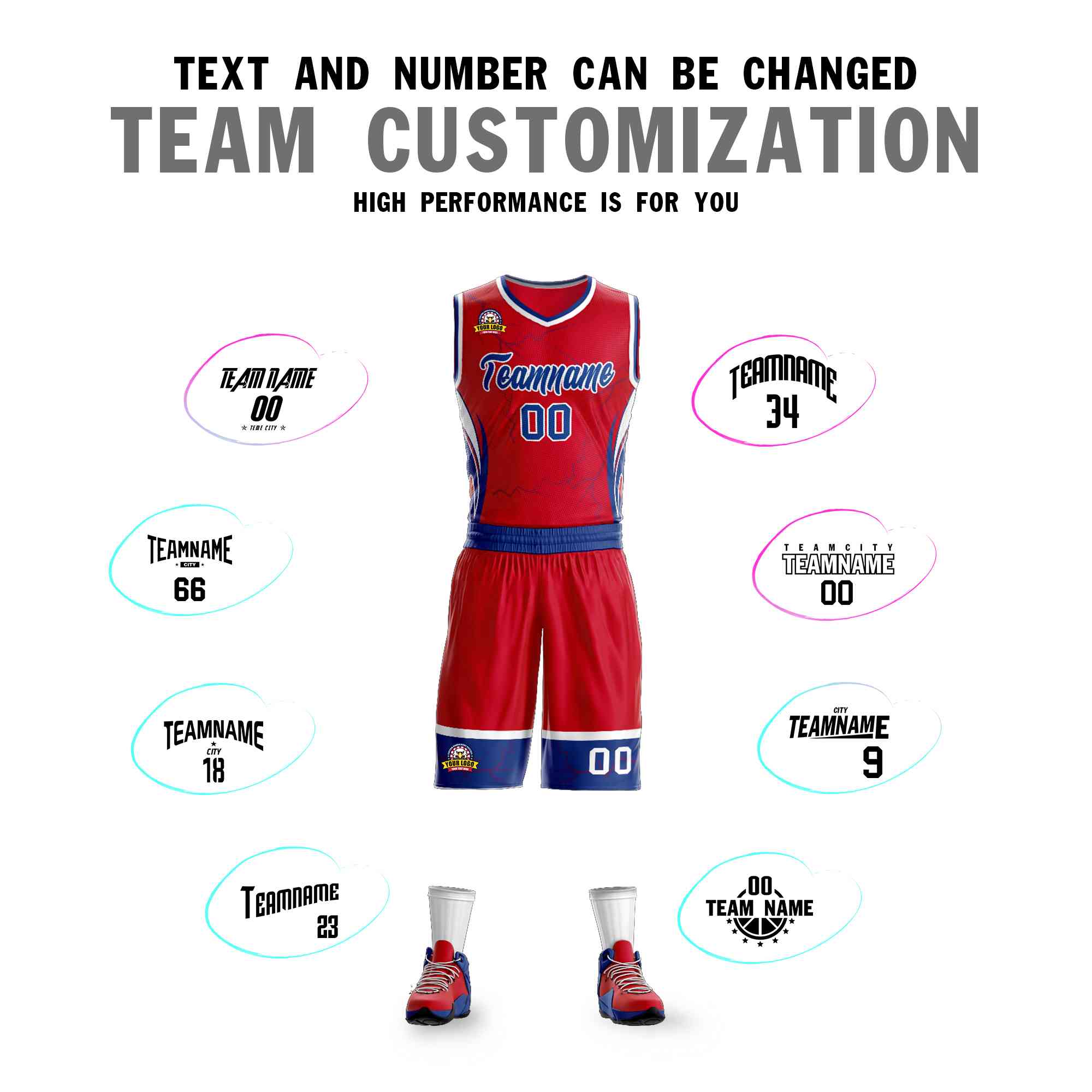 Custom Red Royal-White Graffiti Pattern Kits Lightning Basketball Jersey