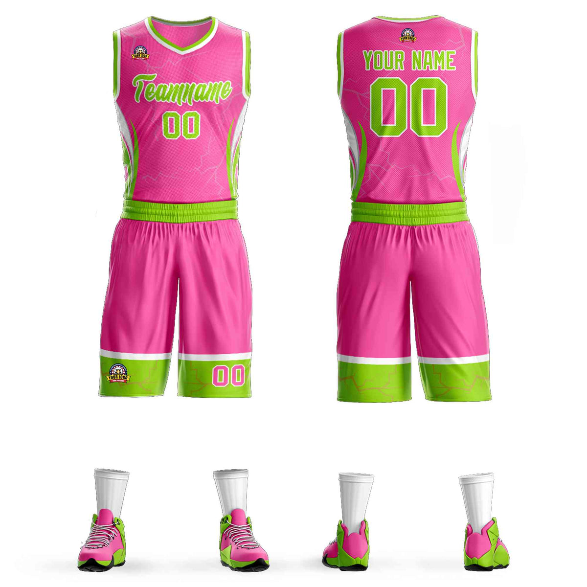 Custom Pink Neon Green-White Graffiti Pattern Kits Lightning Basketball Jersey