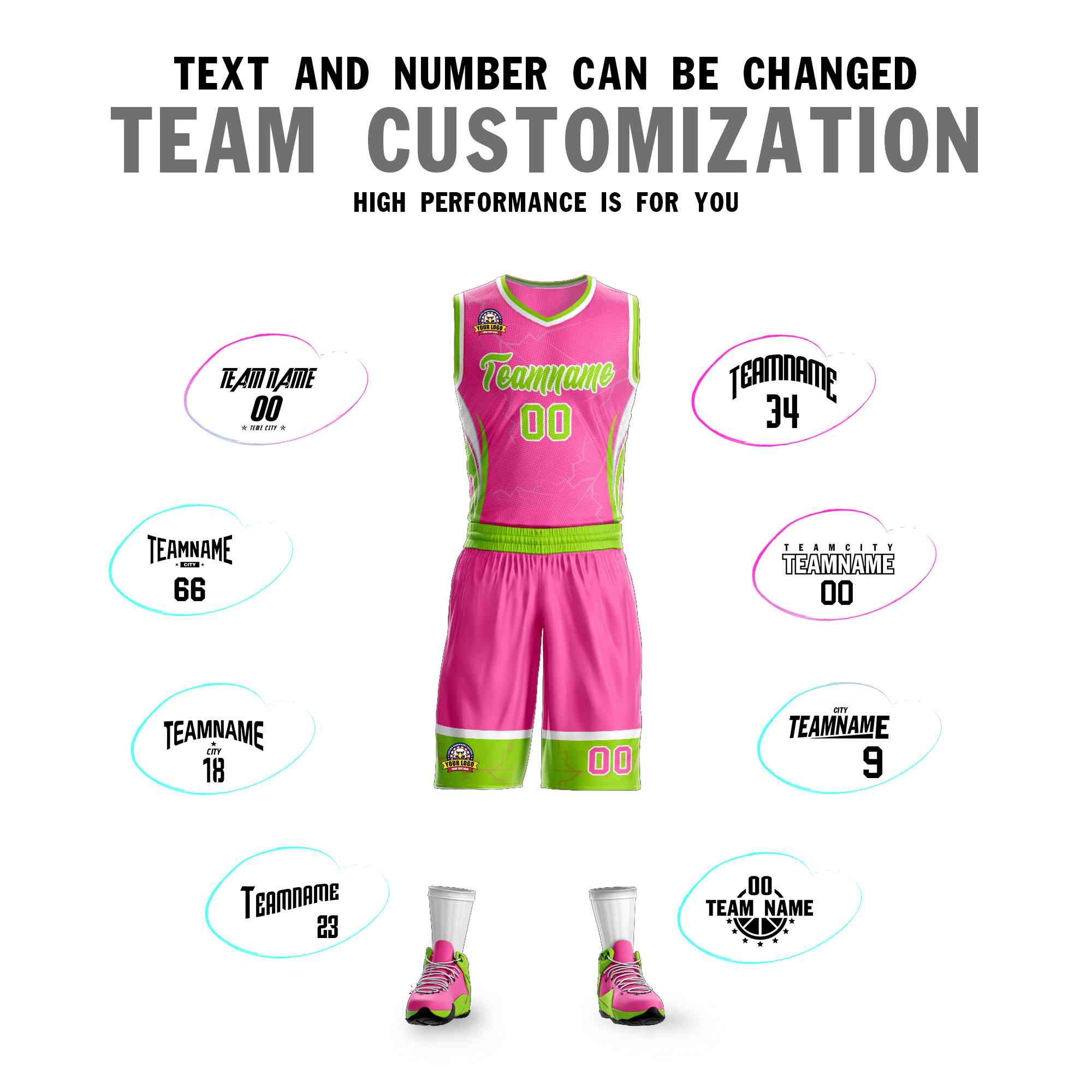 Custom Pink Neon Green-White Graffiti Pattern Kits Lightning Basketball Jersey