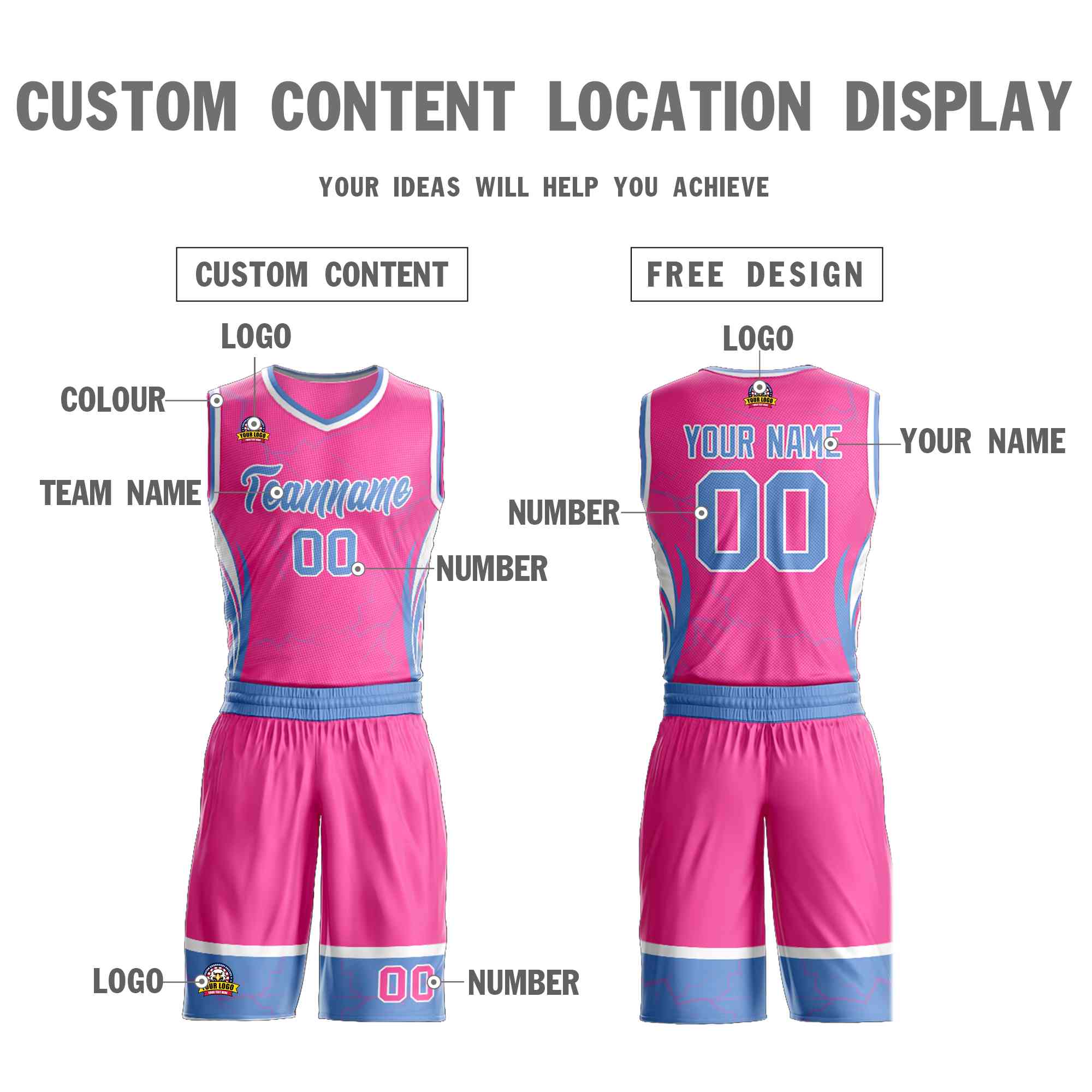 Custom Pink Powder Blue-White Graffiti Pattern Kits Lightning Basketball Jersey
