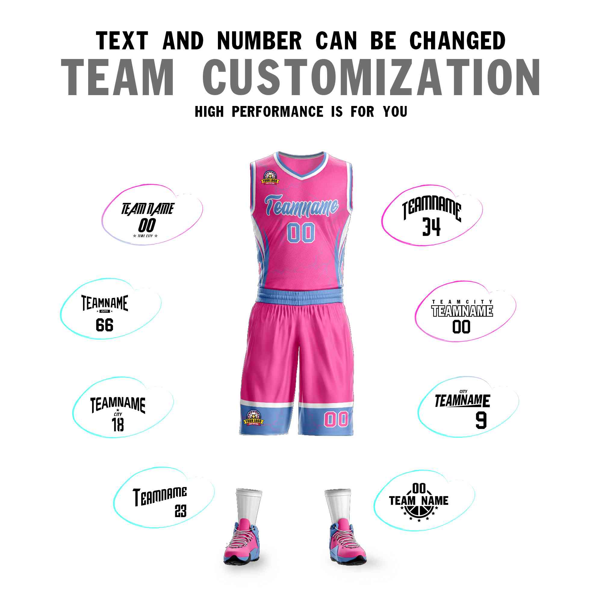 Custom Pink Powder Blue-White Graffiti Pattern Kits Lightning Basketball Jersey