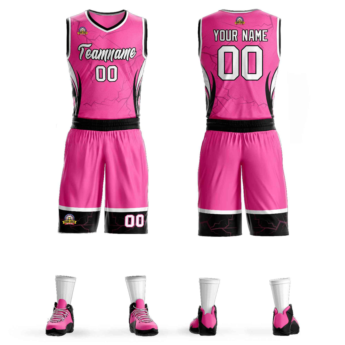 Custom Pink White-Black Graffiti Pattern Kits Lightning Basketball Jersey