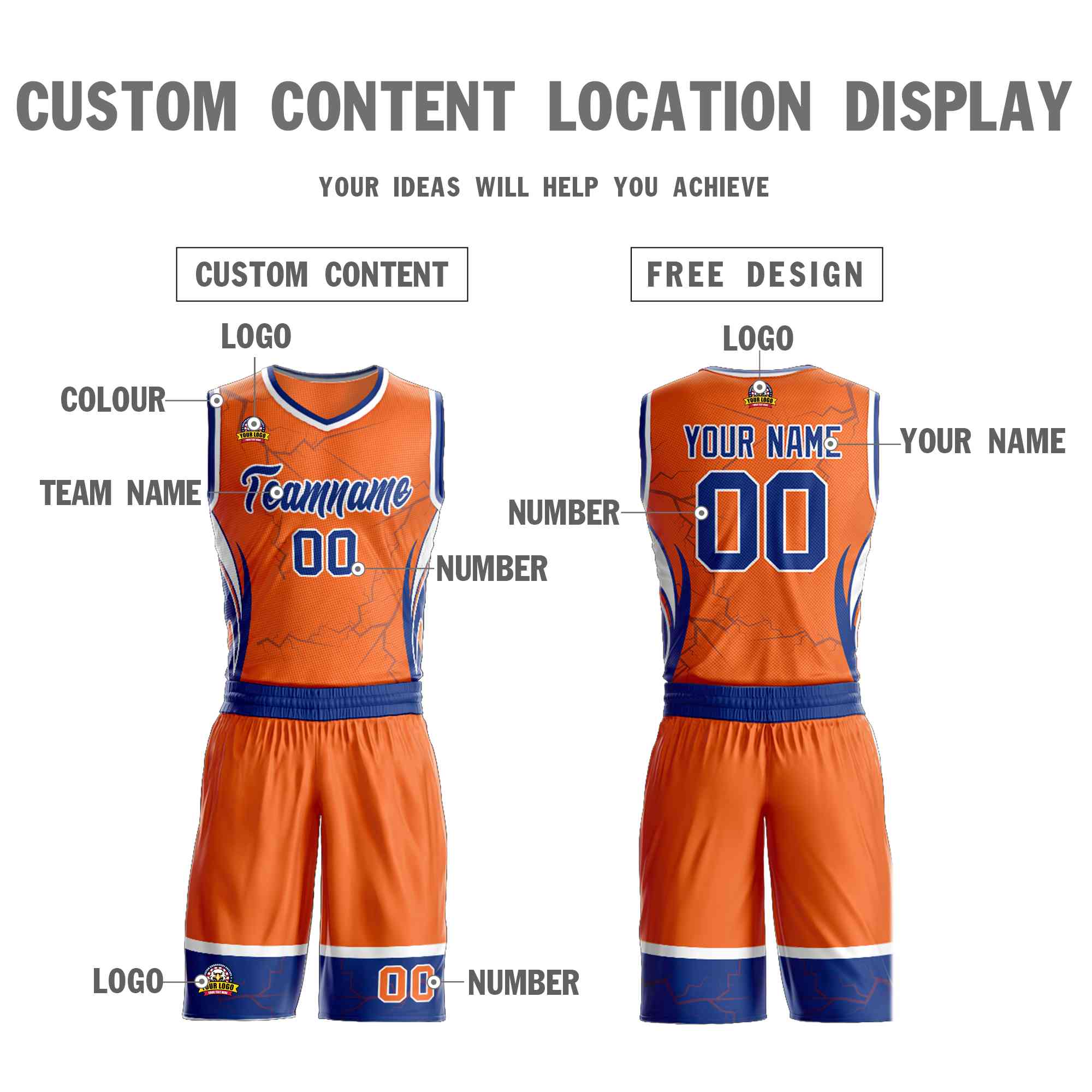 Custom Orange Royal-White Graffiti Pattern Kits Lightning Basketball Jersey