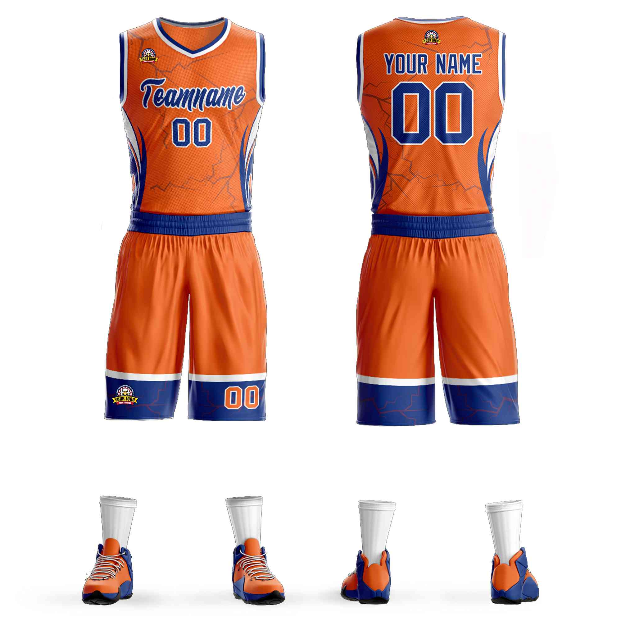 Custom Orange Royal-White Graffiti Pattern Kits Lightning Basketball Jersey