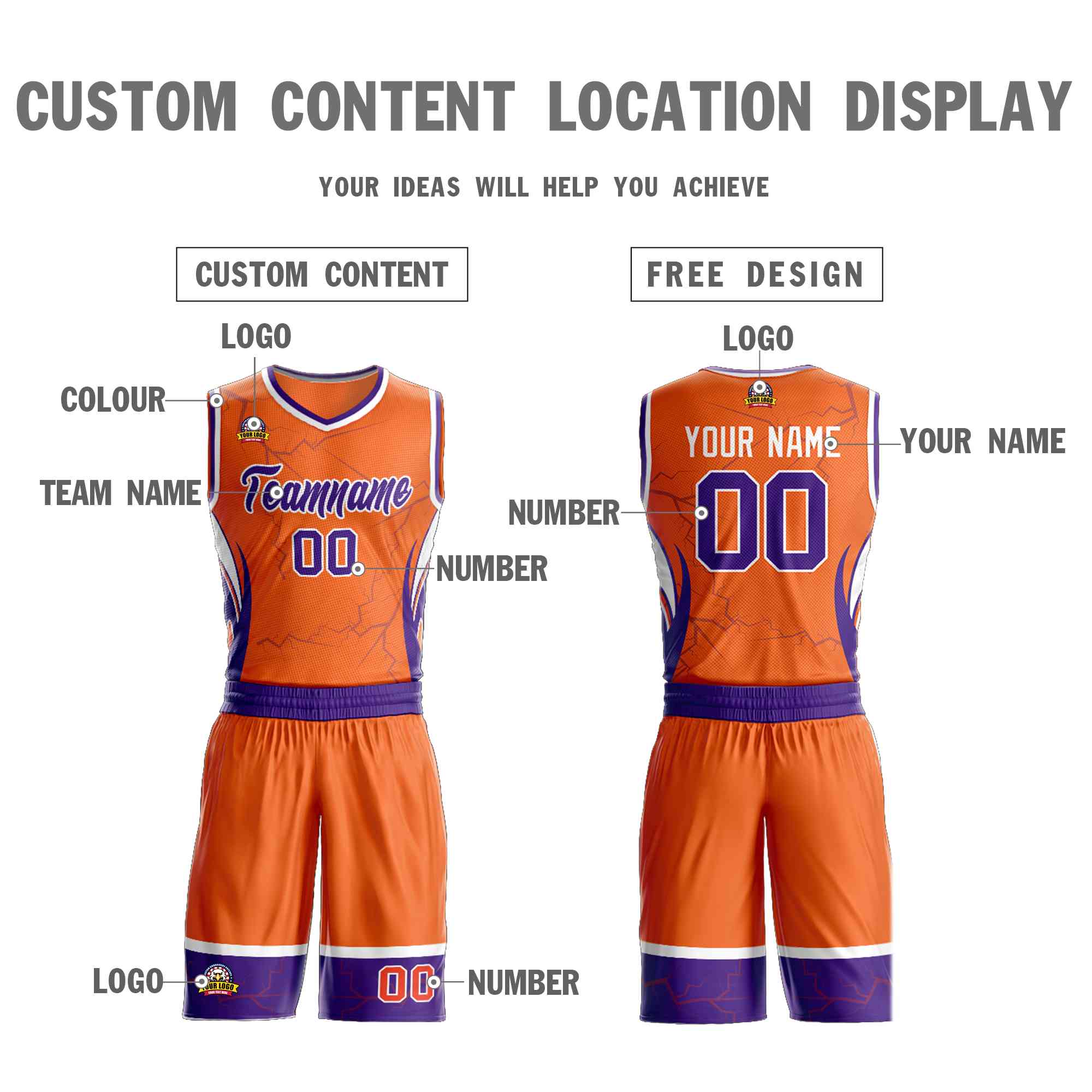Custom Orange Purple-White Graffiti Pattern Kits Lightning Basketball Jersey