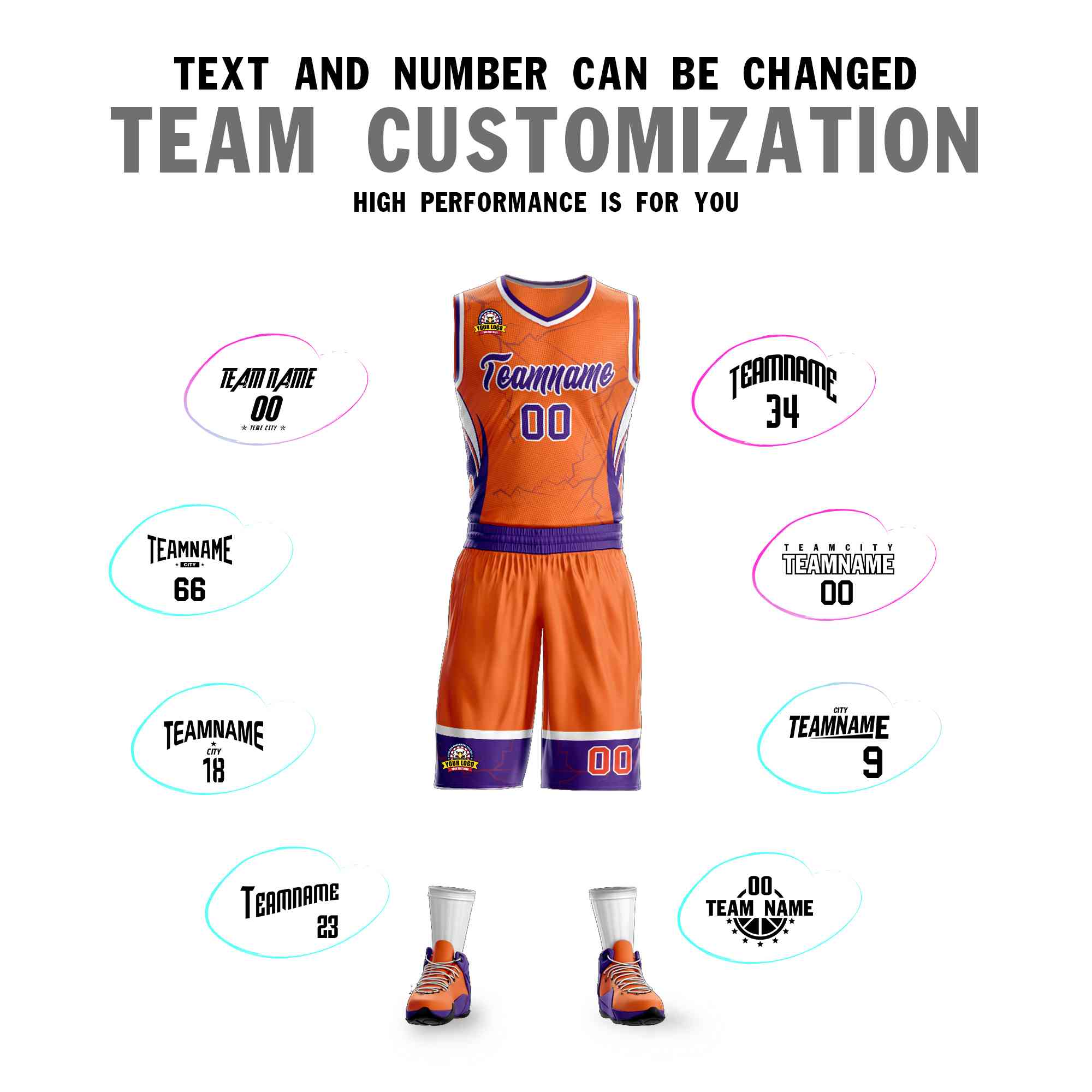 Custom Orange Purple-White Graffiti Pattern Kits Lightning Basketball Jersey