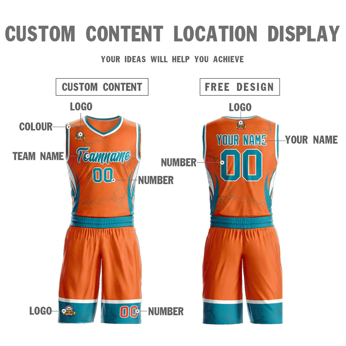 Custom Orange Teal-White Graffiti Pattern Kits Lightning Basketball Jersey