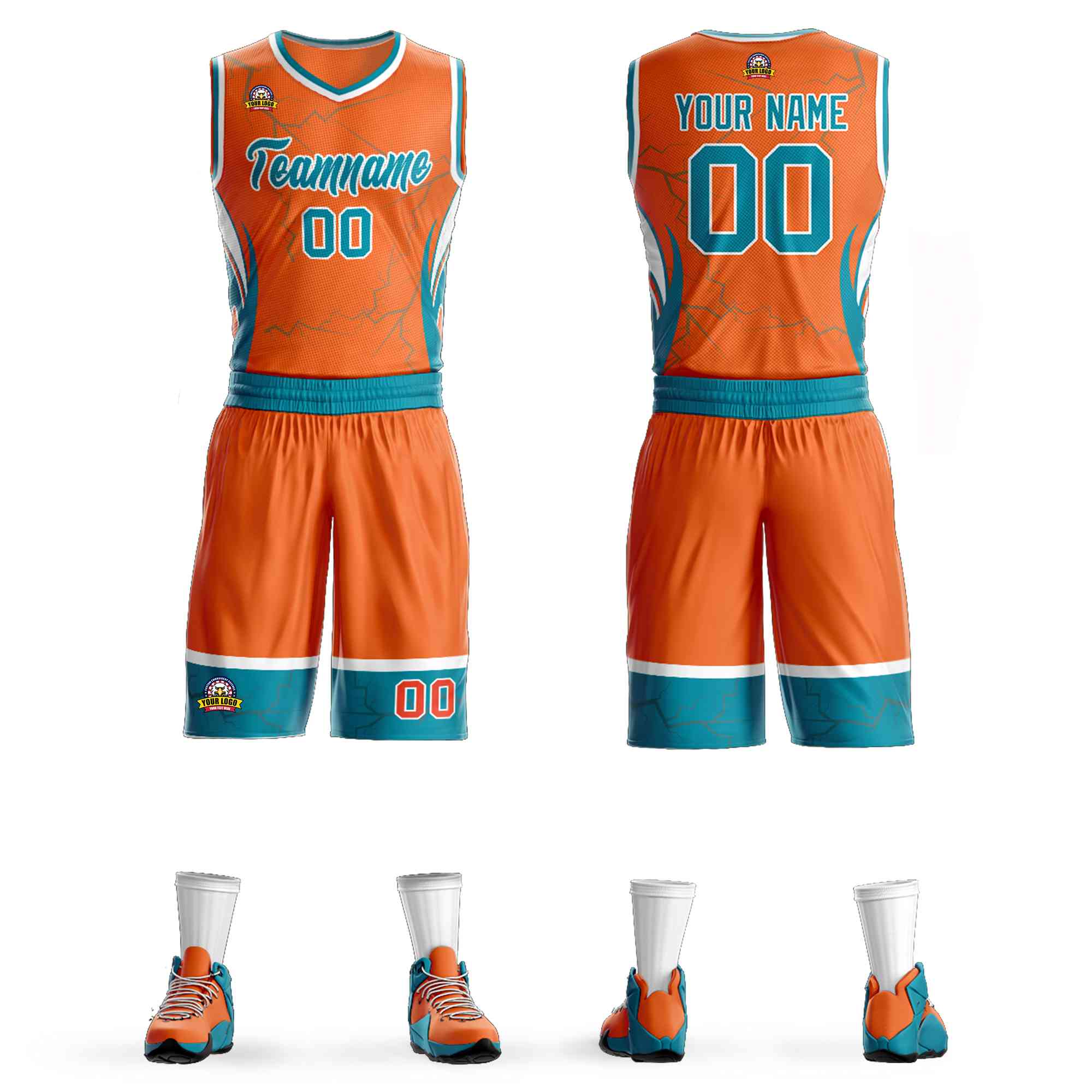 Custom Orange Teal-White Graffiti Pattern Kits Lightning Basketball Jersey