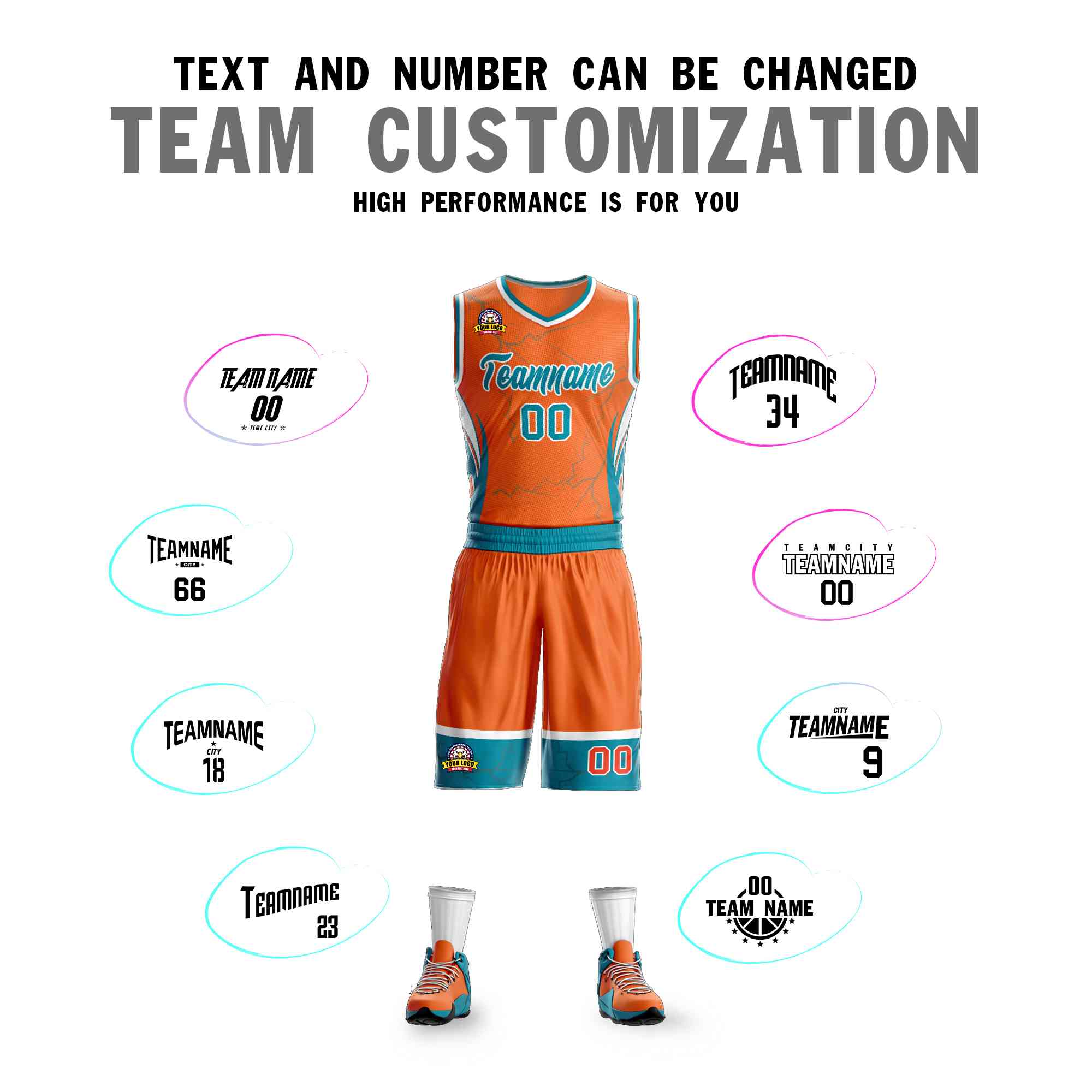Custom Orange Teal-White Graffiti Pattern Kits Lightning Basketball Jersey