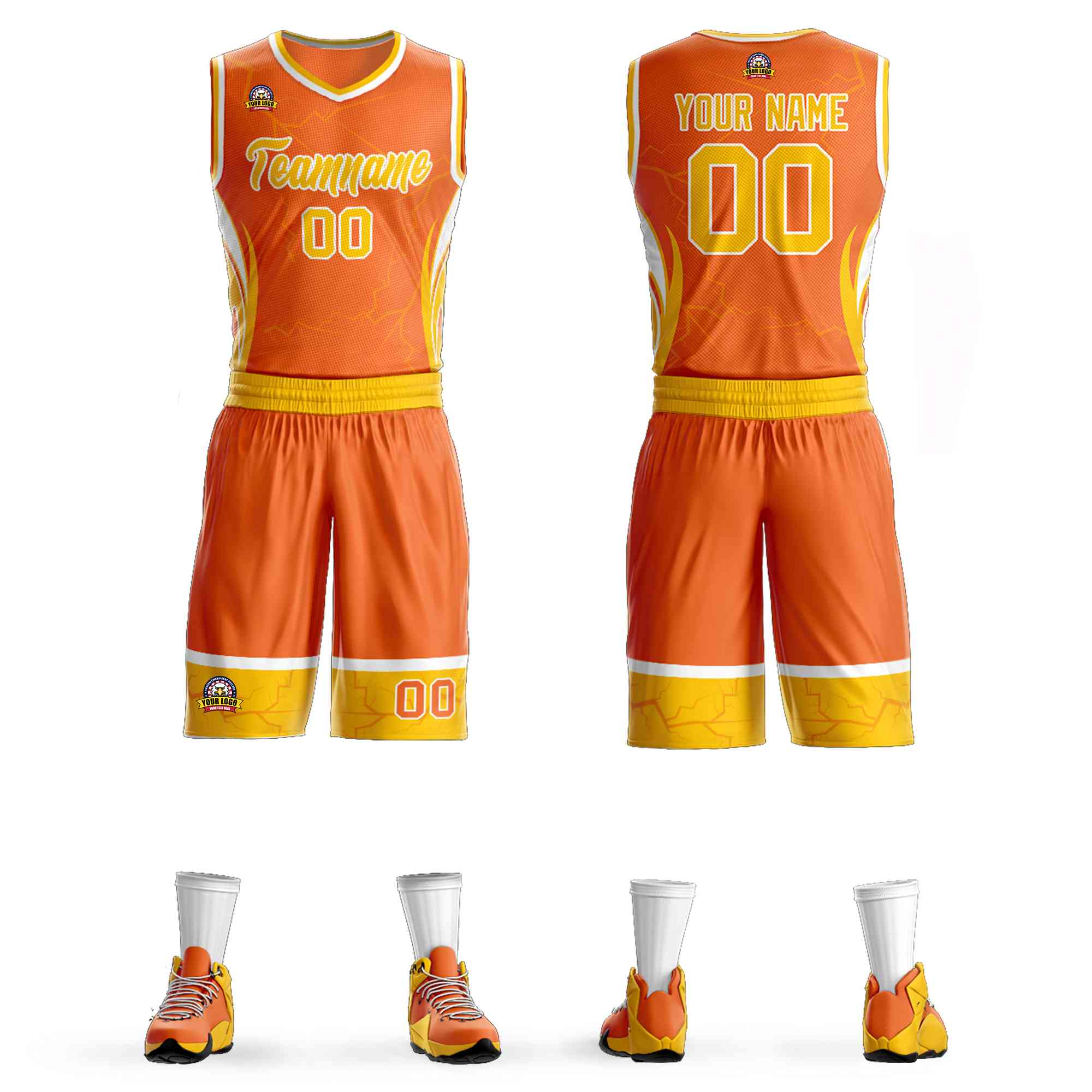 Custom Orange Gold-White Graffiti Pattern Kits Lightning Basketball Jersey