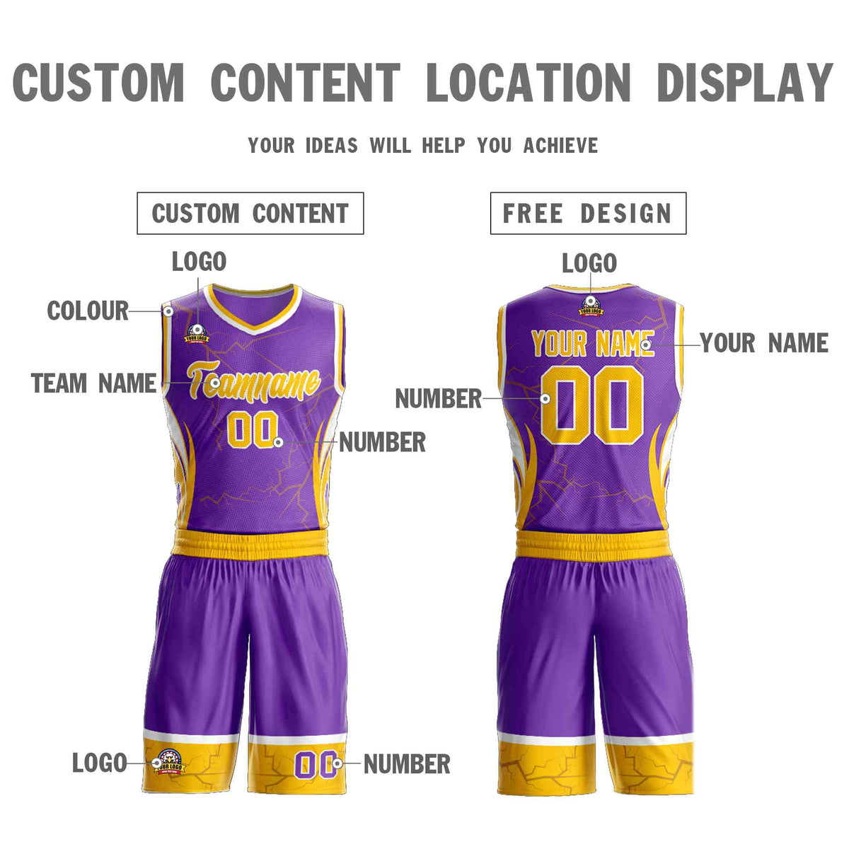 Custom Purple Gold-White Graffiti Pattern Kits Lightning Basketball Jersey