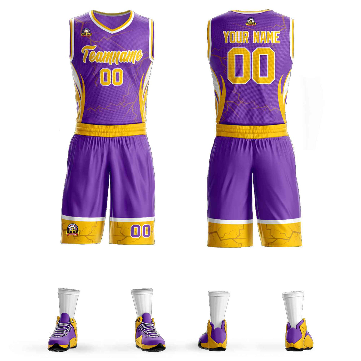 Custom Purple Gold-White Graffiti Pattern Kits Lightning Basketball Jersey
