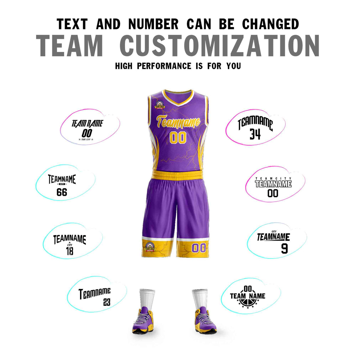 Custom Purple Gold-White Graffiti Pattern Kits Lightning Basketball Jersey