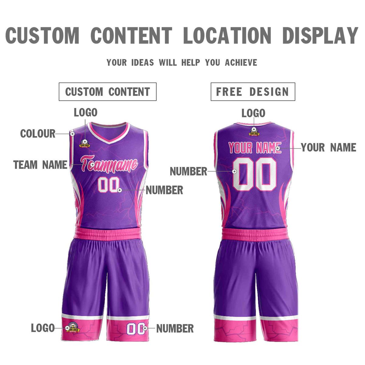 Custom Purple Pink-White Graffiti Pattern Kits Lightning Basketball Jersey