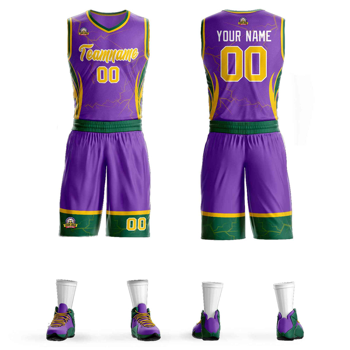 Custom Purple Green-White Graffiti Pattern Kits Lightning Basketball Jersey