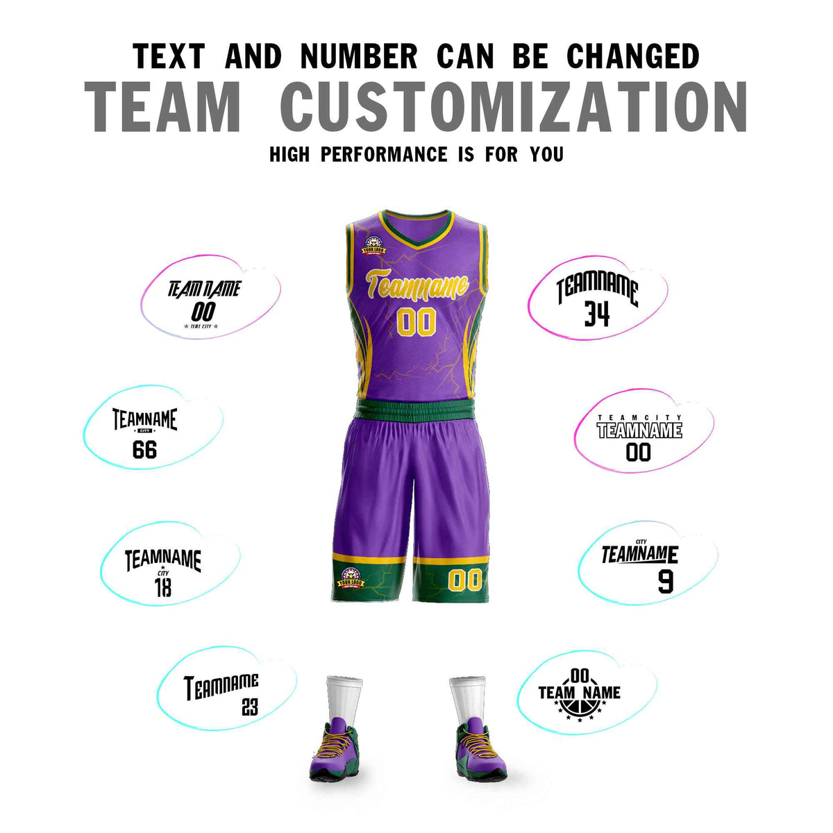 Custom Purple Green-White Graffiti Pattern Kits Lightning Basketball Jersey