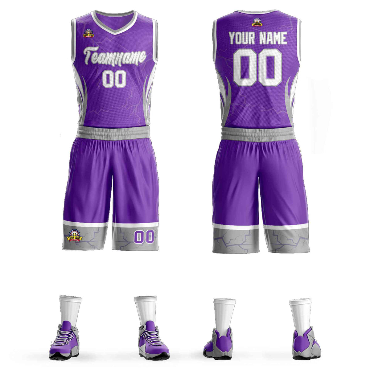 Custom Purple White-Gray Graffiti Pattern Kits Lightning Basketball Jersey
