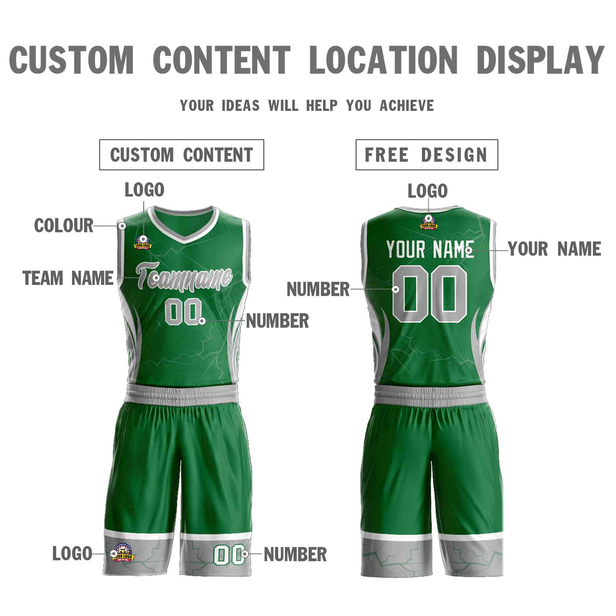 Custom Kelly Green Gray-White Graffiti Pattern Kits Lightning Basketball Jersey