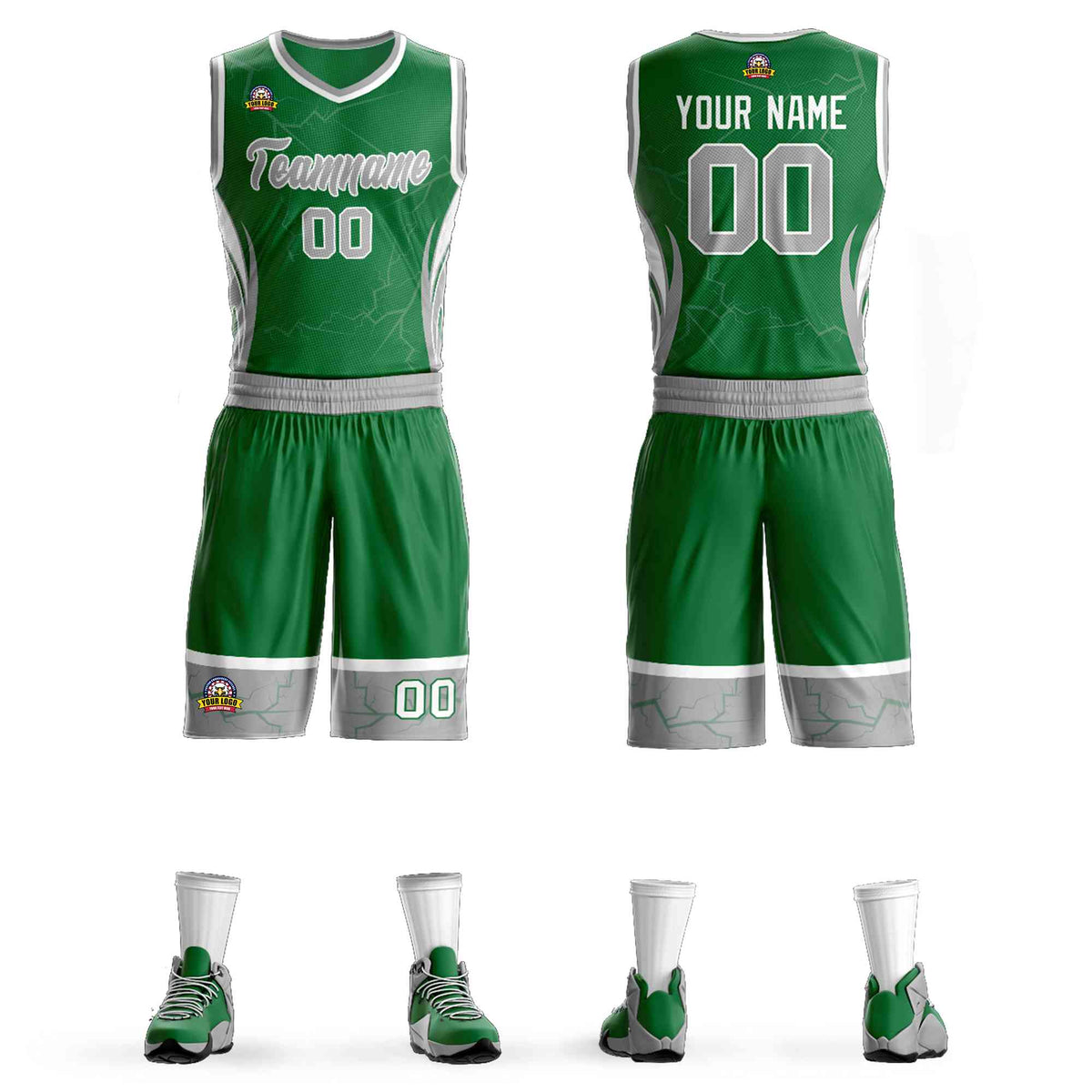 Custom Kelly Green Gray-White Graffiti Pattern Kits Lightning Basketball Jersey