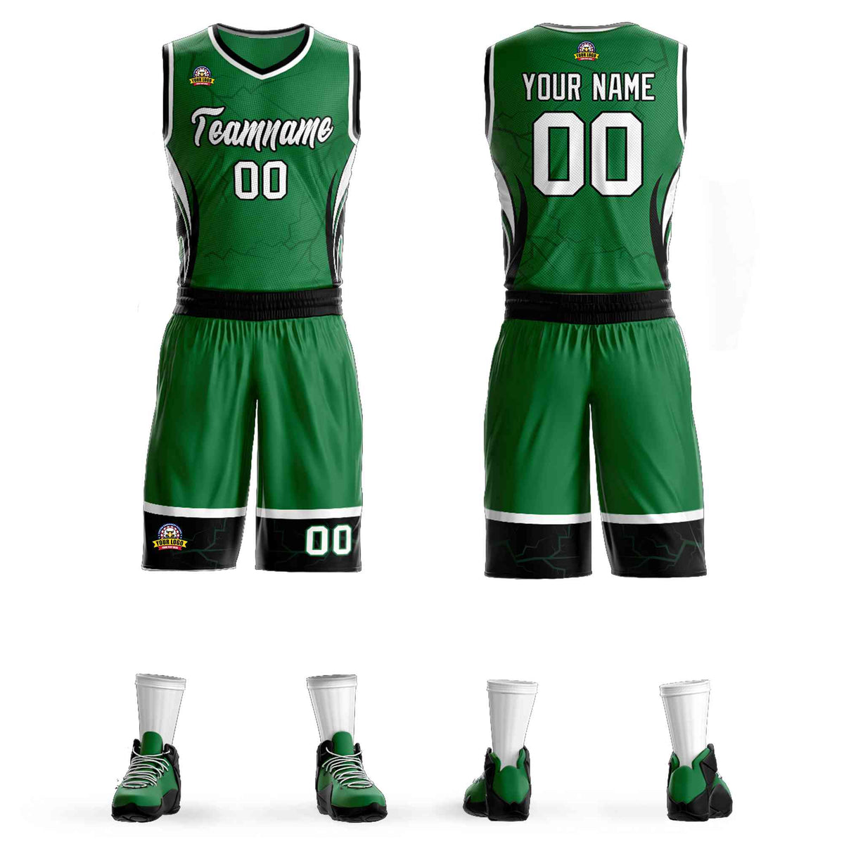 Custom Kelly Green White-Black Graffiti Pattern Kits Lightning Basketball Jersey