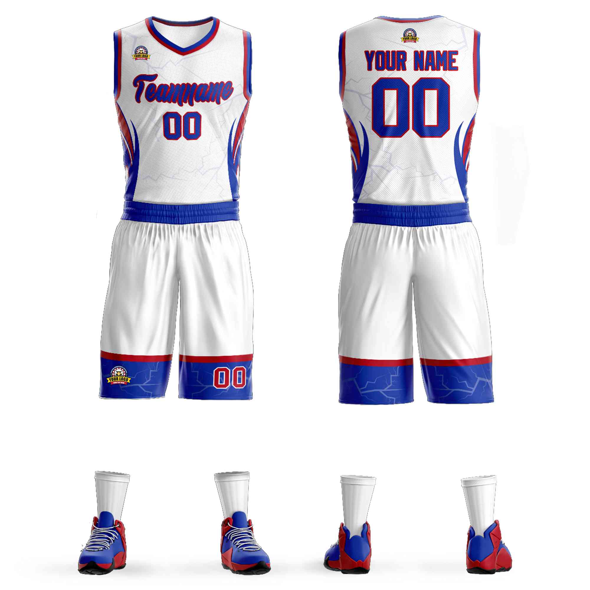 Custom White Royal-Red Graffiti Pattern Kits Lightning Basketball Jersey
