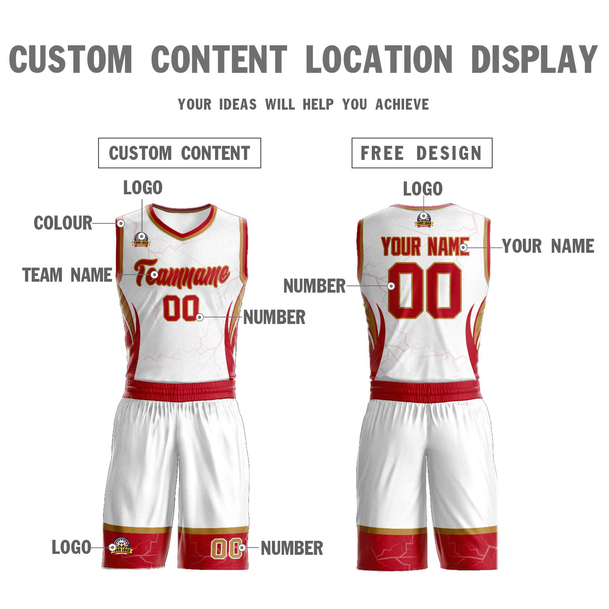 Custom White Red-Old Gold Graffiti Pattern Kits Lightning Basketball Jersey