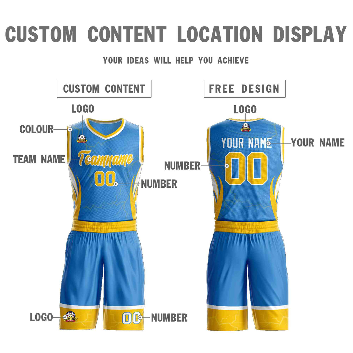Custom Powder Blue Gold-White Graffiti Pattern Kits Lightning Basketball Jersey