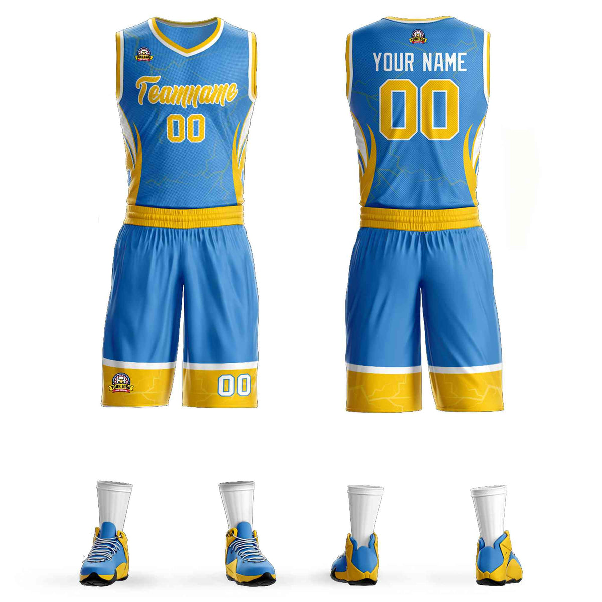 Custom Powder Blue Gold-White Graffiti Pattern Kits Lightning Basketball Jersey