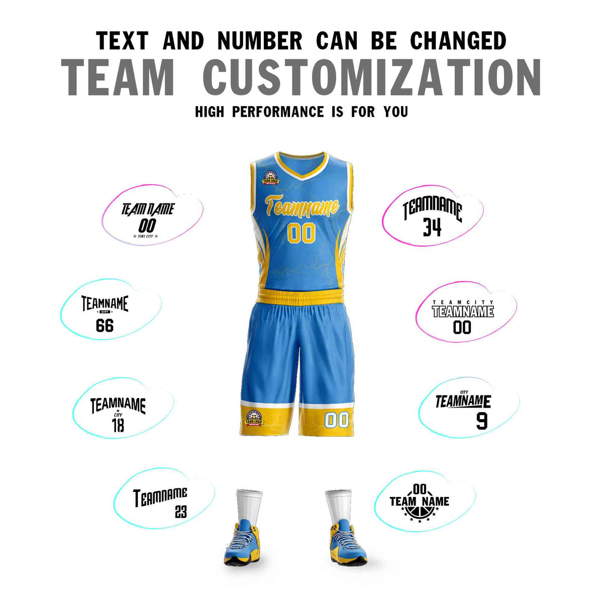 Custom Powder Blue Gold-White Graffiti Pattern Kits Lightning Basketball Jersey