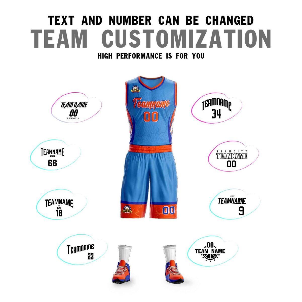 Custom Powder Blue Orange-White Graffiti Pattern Kits Lightning Basketball Jersey