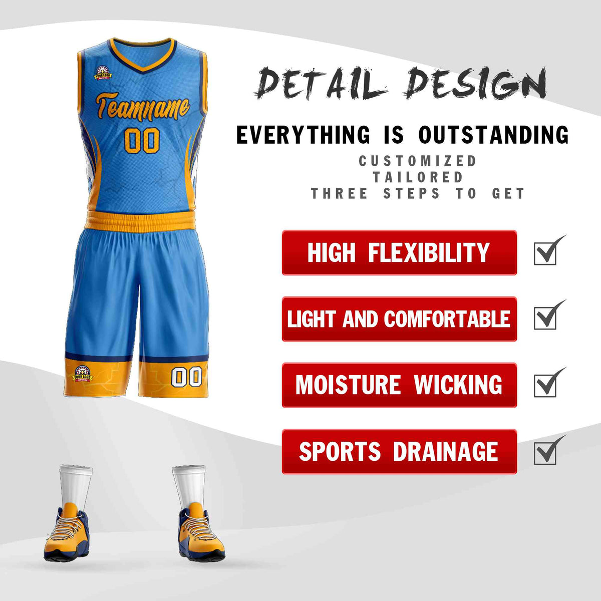 Custom Powder Blue Gold-Navy Graffiti Pattern kits Lightning Basketball Jersey