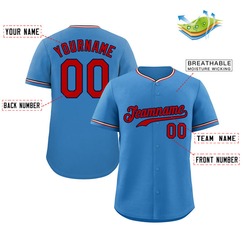 Benutzerdefiniertes hellblaues, rot-marineblaues Baseball-Trikot im klassischen Stil