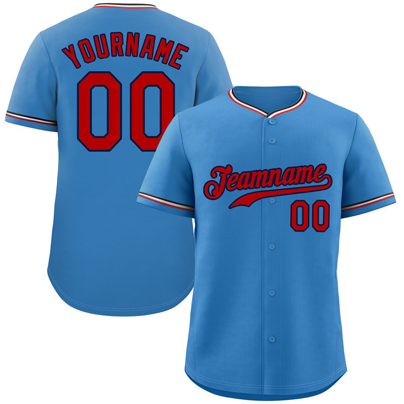 Benutzerdefiniertes hellblaues, rot-marineblaues Baseball-Trikot im klassischen Stil