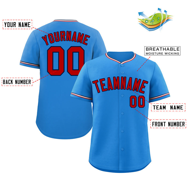 Benutzerdefiniertes hellblaues, rot-marineblaues Baseball-Trikot im klassischen Stil