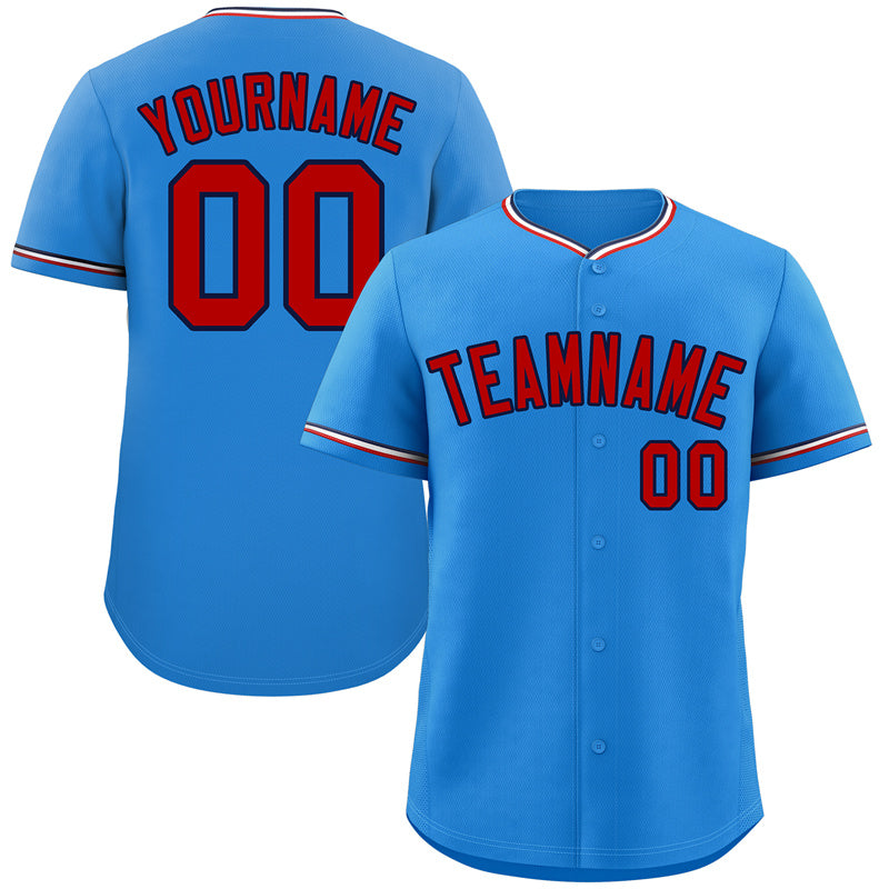 Benutzerdefiniertes hellblaues, rot-marineblaues Baseball-Trikot im klassischen Stil