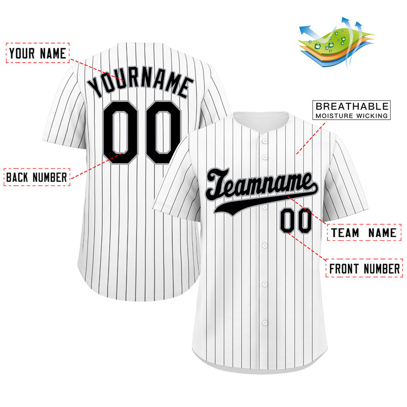 Maillot de baseball authentique à rayures blanches, noires et grises personnalisées