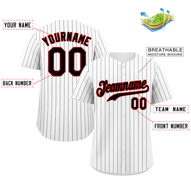 Maillot de baseball authentique à rayures blanches, noires et rouges personnalisées