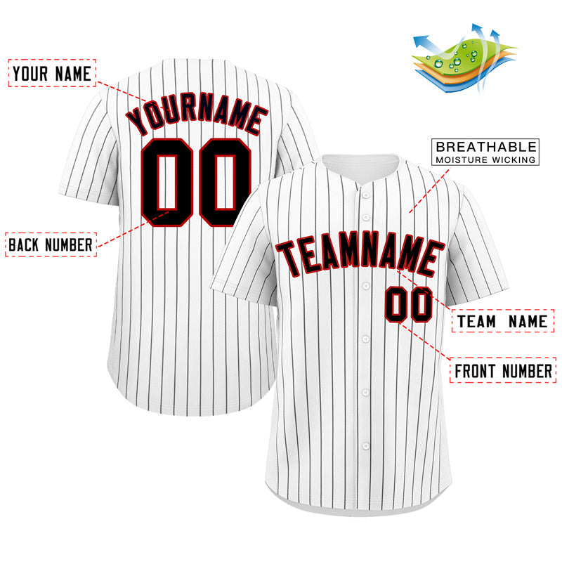 Maillot de baseball authentique à rayures blanches, noires et rouges personnalisées