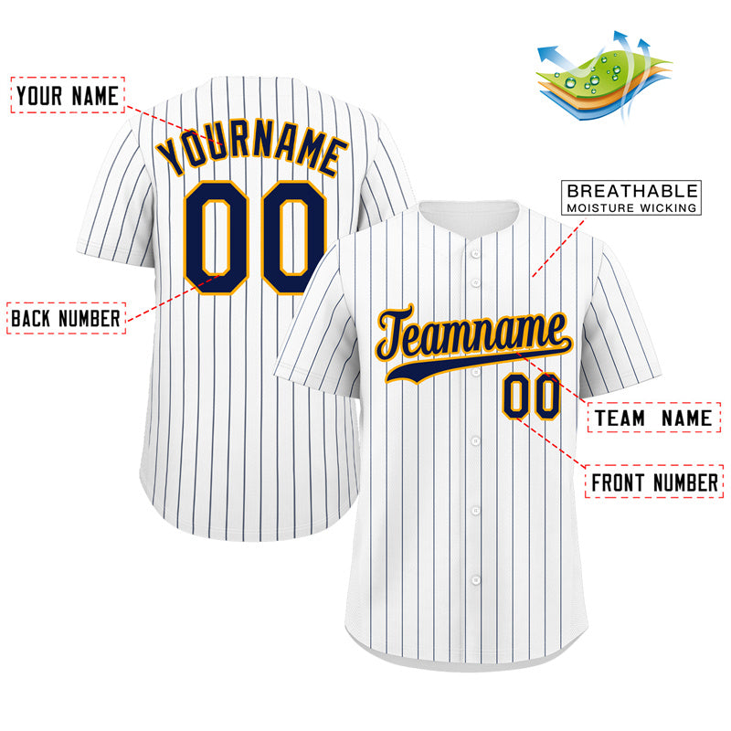 Maillot de baseball authentique à rayures blanches, bleu marine et or, personnalisé