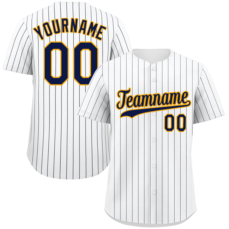 Maillot de baseball authentique à rayures blanches, bleu marine et or, personnalisé