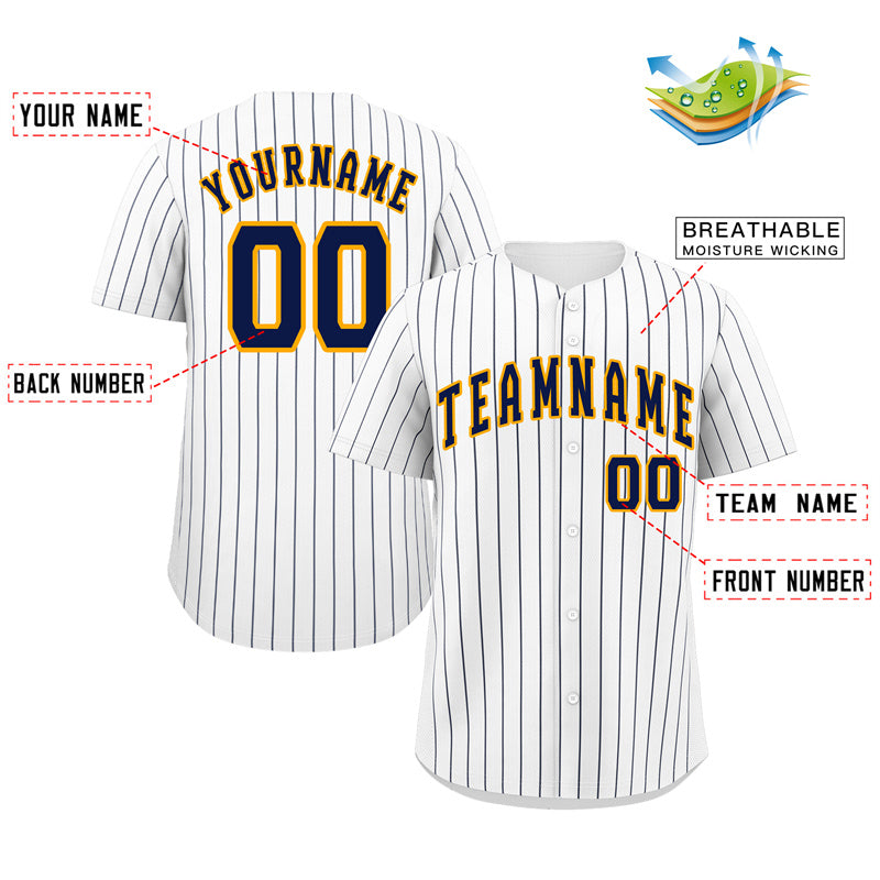 Maillot de baseball authentique à rayures blanches, bleu marine et or, personnalisé