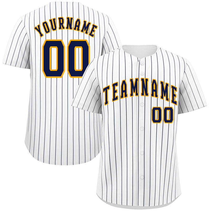 Maillot de baseball authentique à rayures blanches, bleu marine et or, personnalisé