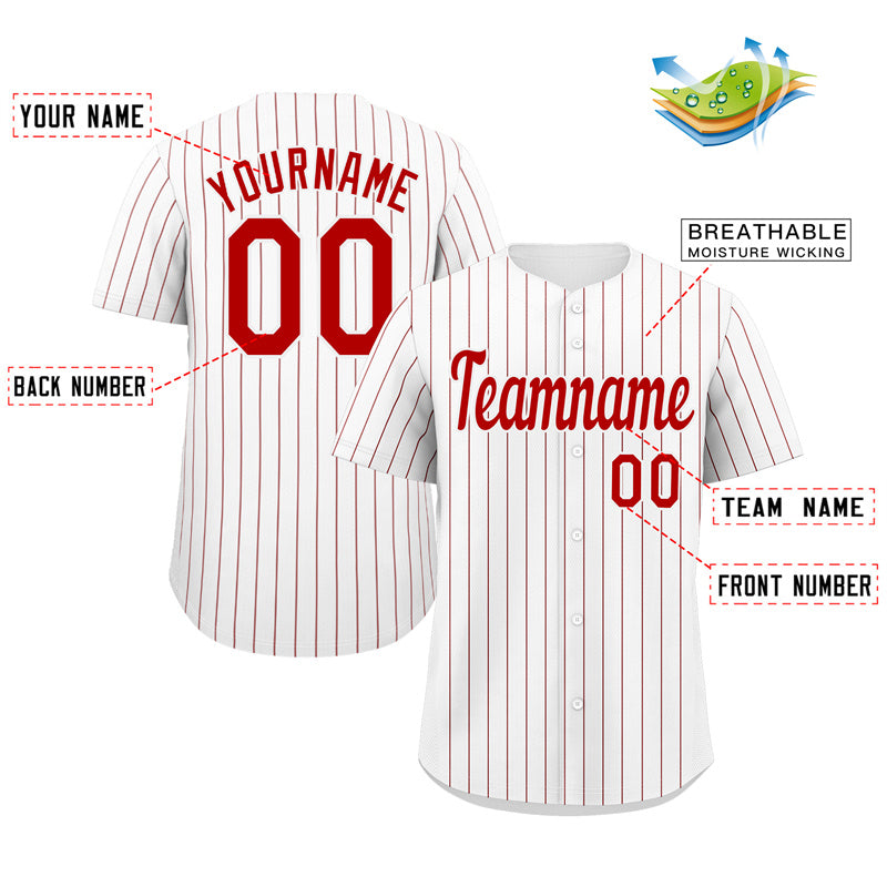 Maillot de baseball authentique à rayures blanches et rouges personnalisées