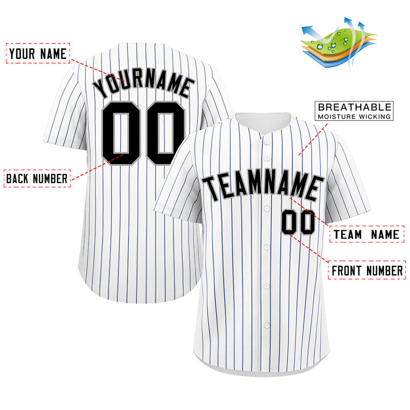 Maillot de baseball authentique à rayures blanches, noires et grises personnalisées